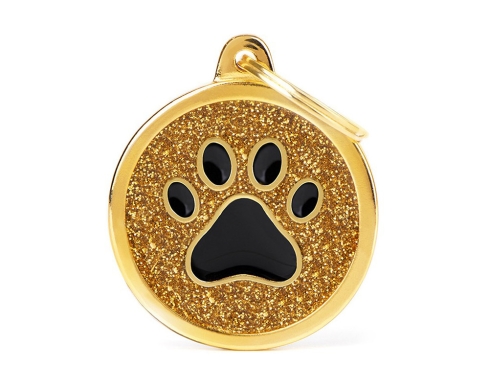 Hundemarke Kreis & Pfote gold Glitzer mit Gravur