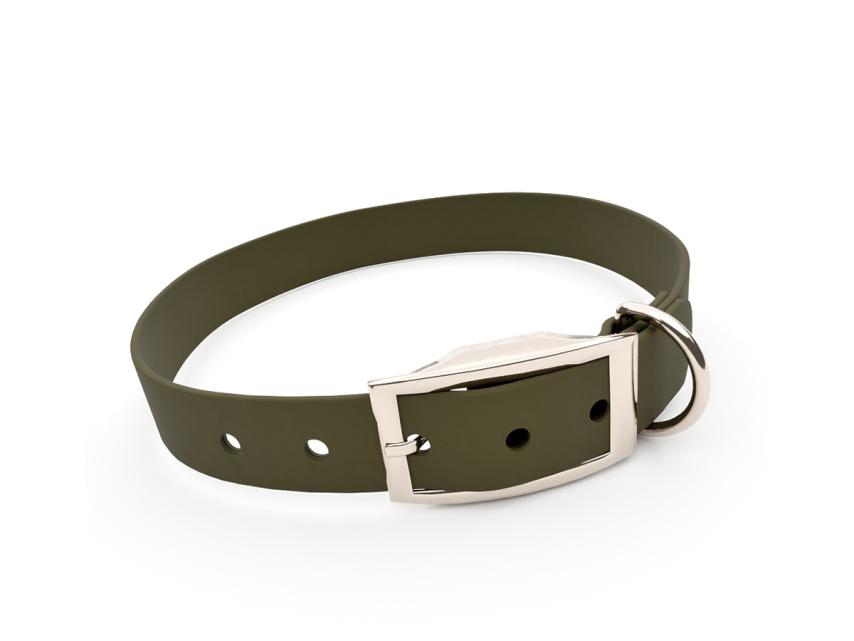 captns Biothane Hundehalsband Fundstück Oliv 25mm/26-34cm Chrom-Nickel Nieten 1