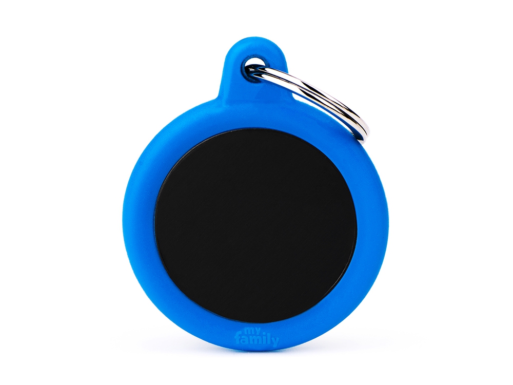 Hundemarke Kreis Alu schwarz/blau gummiert mit Gravur 